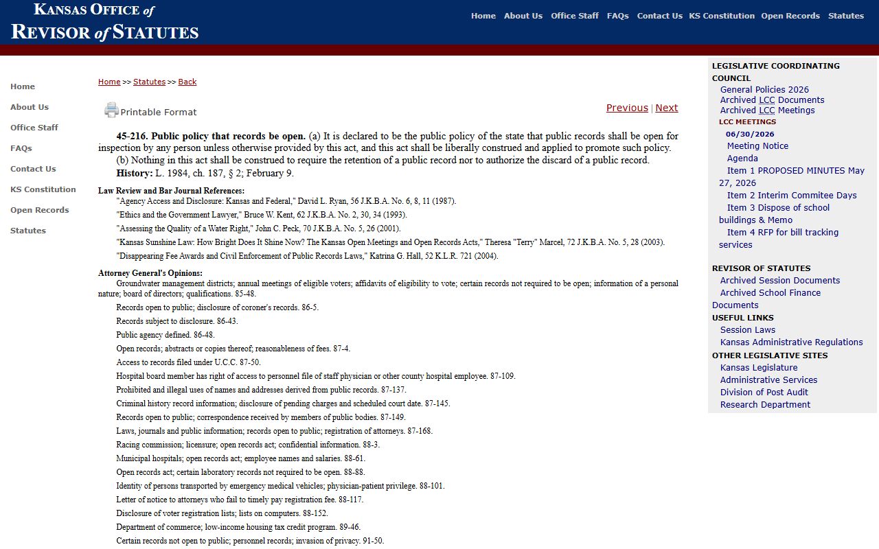 Sedgwick County court records K.S.A. 45-216 public policy source