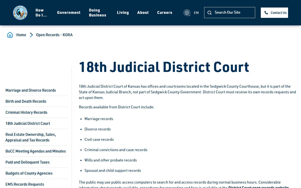 Sedgwick County court records District Court KORA routing page