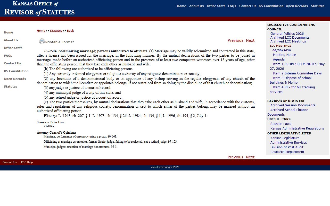 Sedgwick County marriage records K.S.A. 23-2504 waiting period