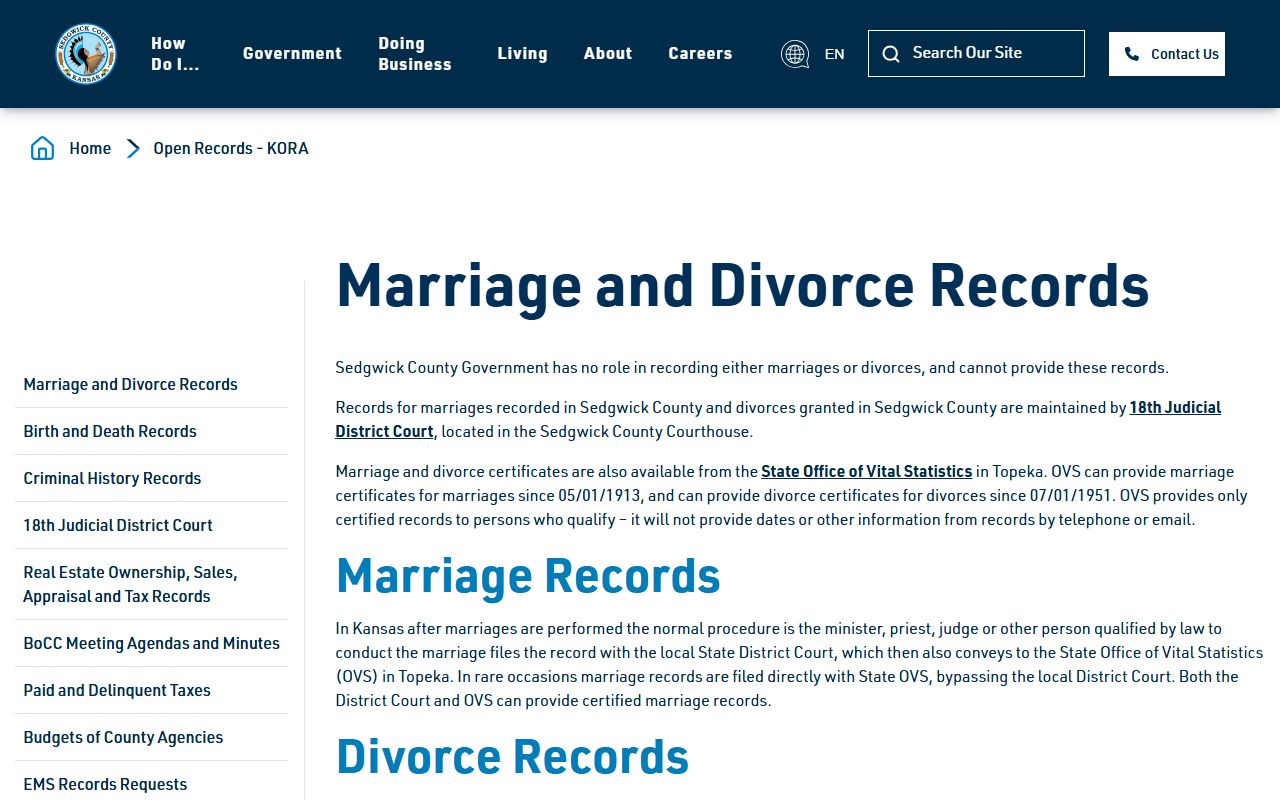 Sedgwick County marriage and divorce records KORA routing source