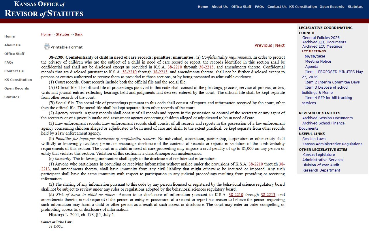 Sedgwick County probate records K.S.A. 38-2209 confidentiality source