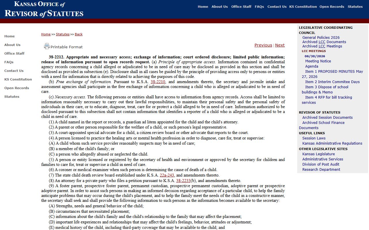 Sedgwick County probate records K.S.A. 38-2212 procedure source